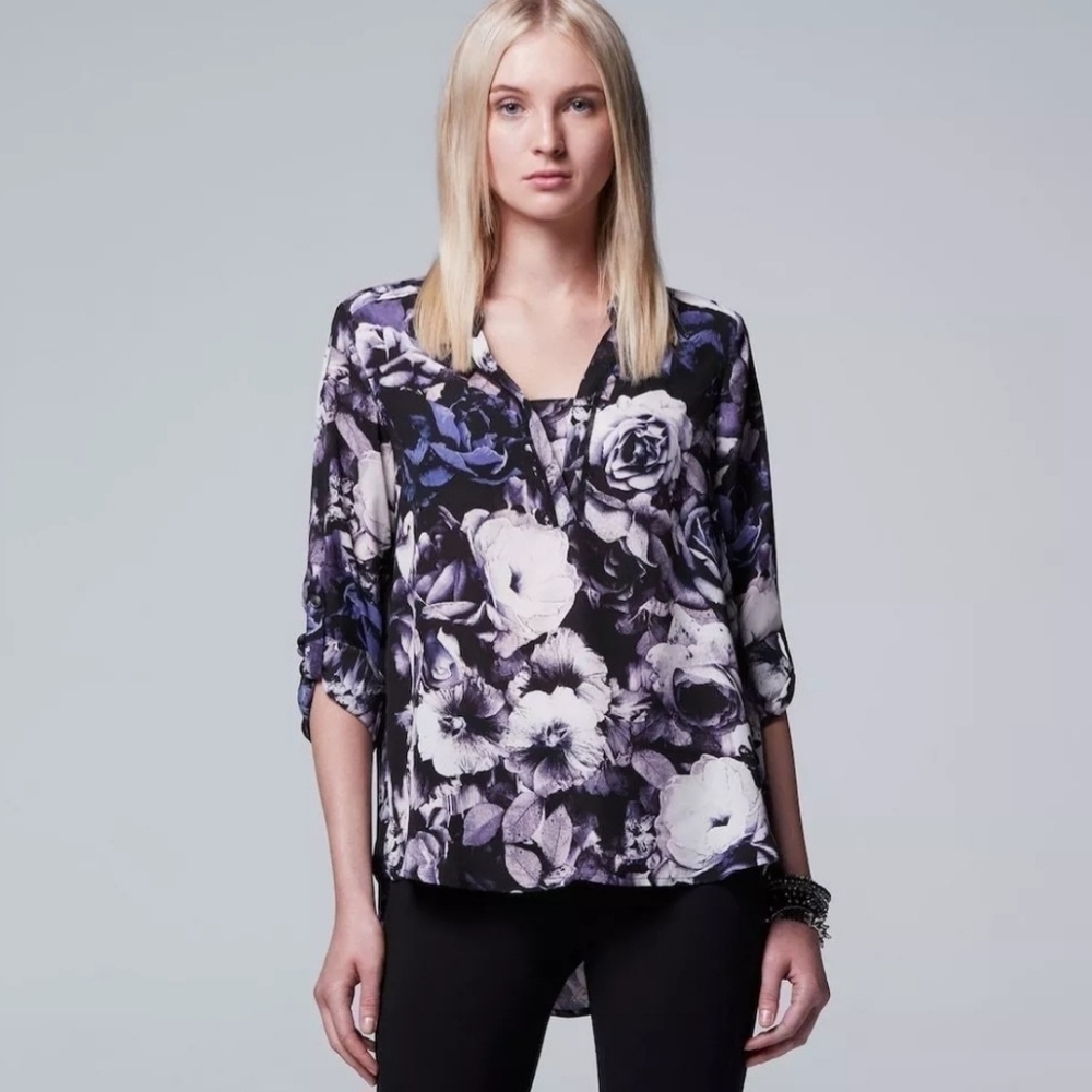 Simply Vera, Size S, Black with Purple Floral Pattern Long Sleeve Blouse, EUC